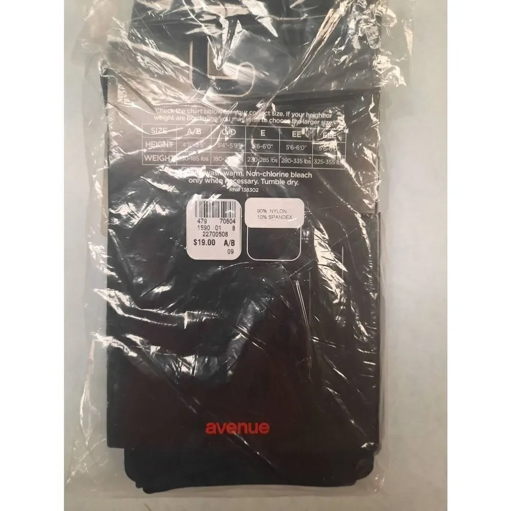 Avenue Size A/B Black Control Top Tights Pantyhose